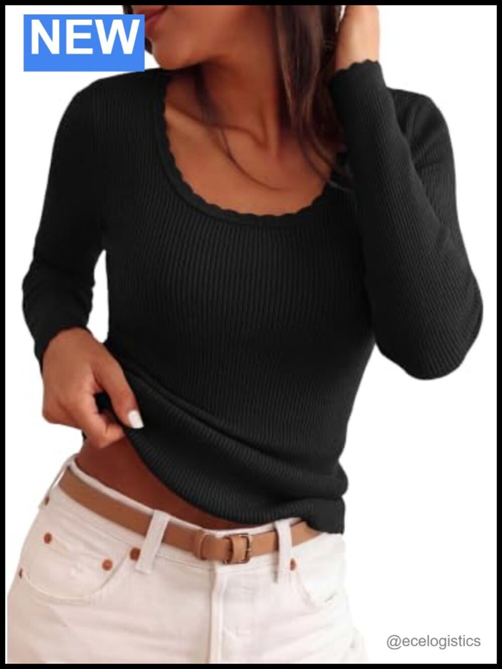 Lightweight Ribbed Knit Sweater Scalloped Scoop Neck Long Sleeve Pullover
